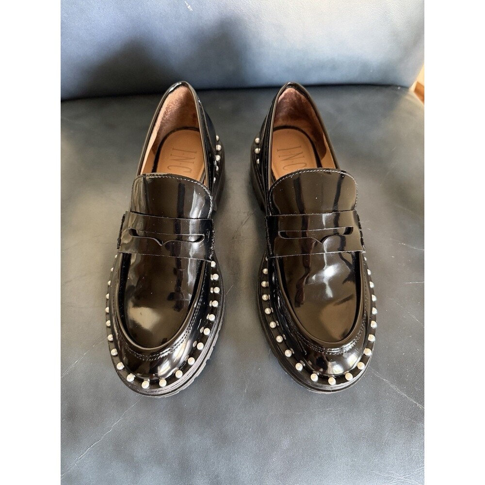 INC Branna Loafers Womens 6M Black Patent Faux Pearl Studded Chunky Lug Sole